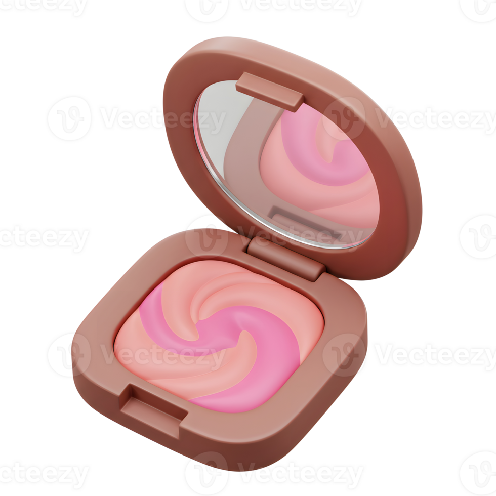 A brown square blush compact is open to reveal a swirl of peach and pink makeup, and it is used for facial cosmetic application. png