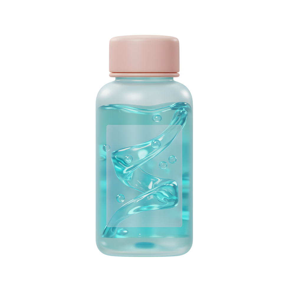 A bottle of blue hand sanitizer contains clear liquid with bubbles and a wavy design, suggesting its use for hygiene and cleaning. png