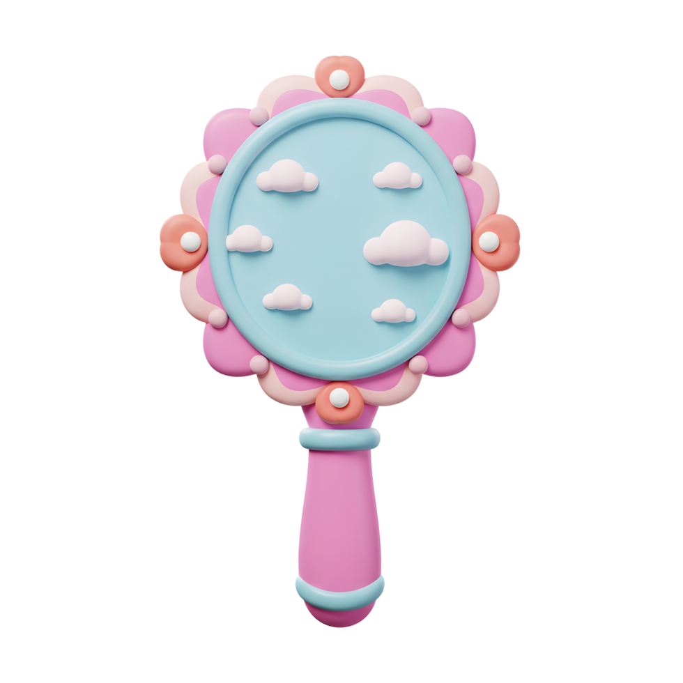 A handheld mirror shows a blue sky with puffy white clouds and can be used as a cute decoration. png