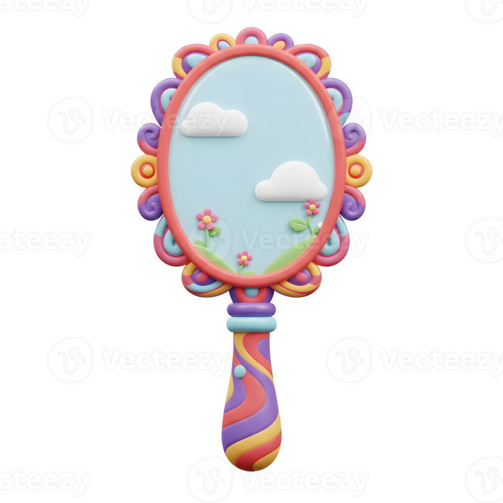 A colorful cartoon hand mirror features clouds, flowers, and a swirling handle, perfect for children's room decor or whimsical design projects. png