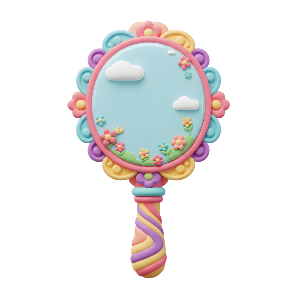 Pastel colored flower mirror featuring flowers, green grass, clouds and blue sky background for a whimsical or fairytale-themed project. png