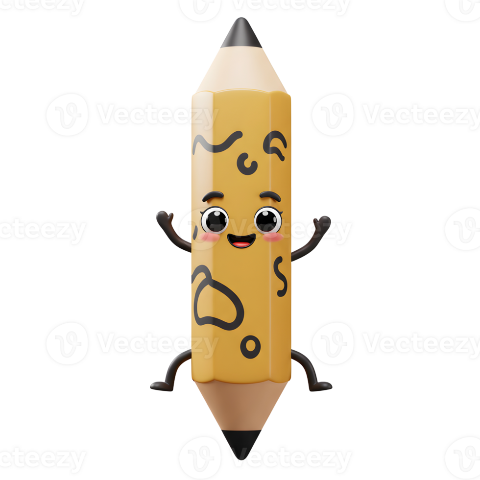 An illustration of a cheerful yellow cartoon pencil character with arms and legs poses with a smile and can be used for educational or creative content. png