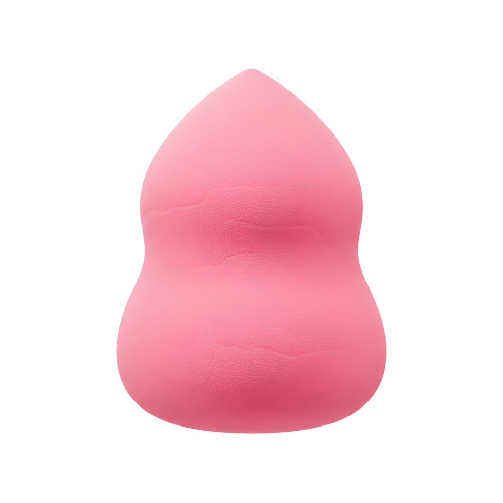 A pink makeup sponge sits on a white surface and can be used for blending liquid or cream makeup products. png