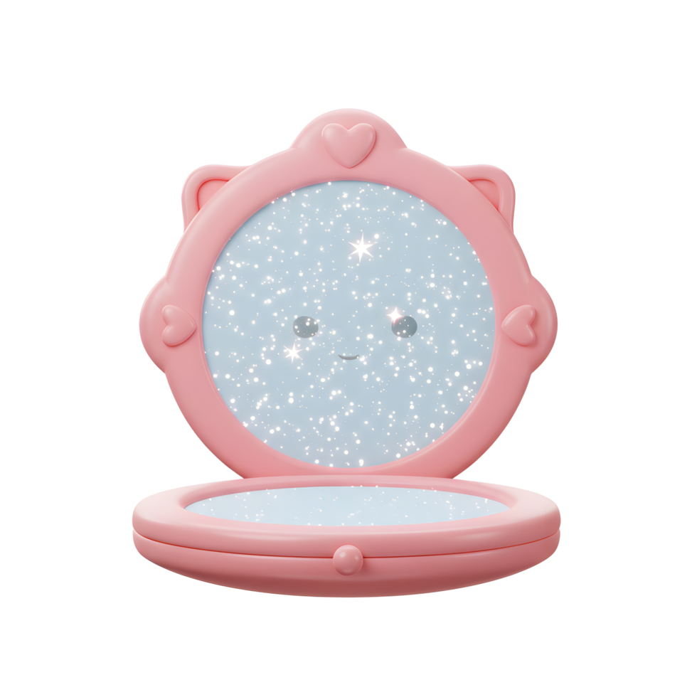 This pink compact mirror has a cute design with hearts and sparkles, making it suitable for applying makeup or other cosmetic touch-ups. png