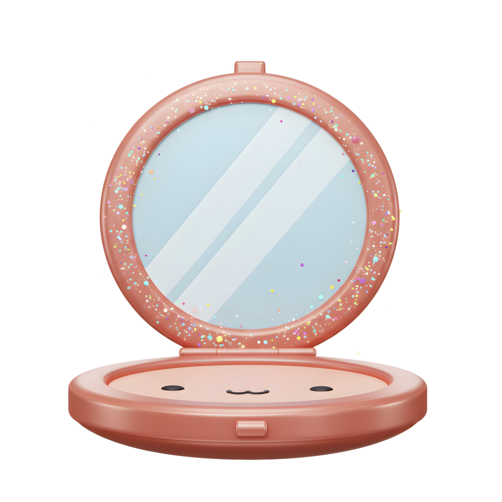 A pink glittery makeup compact with a mirror is open, showing its contents and emitting sparkles for cosmetic touch ups. png
