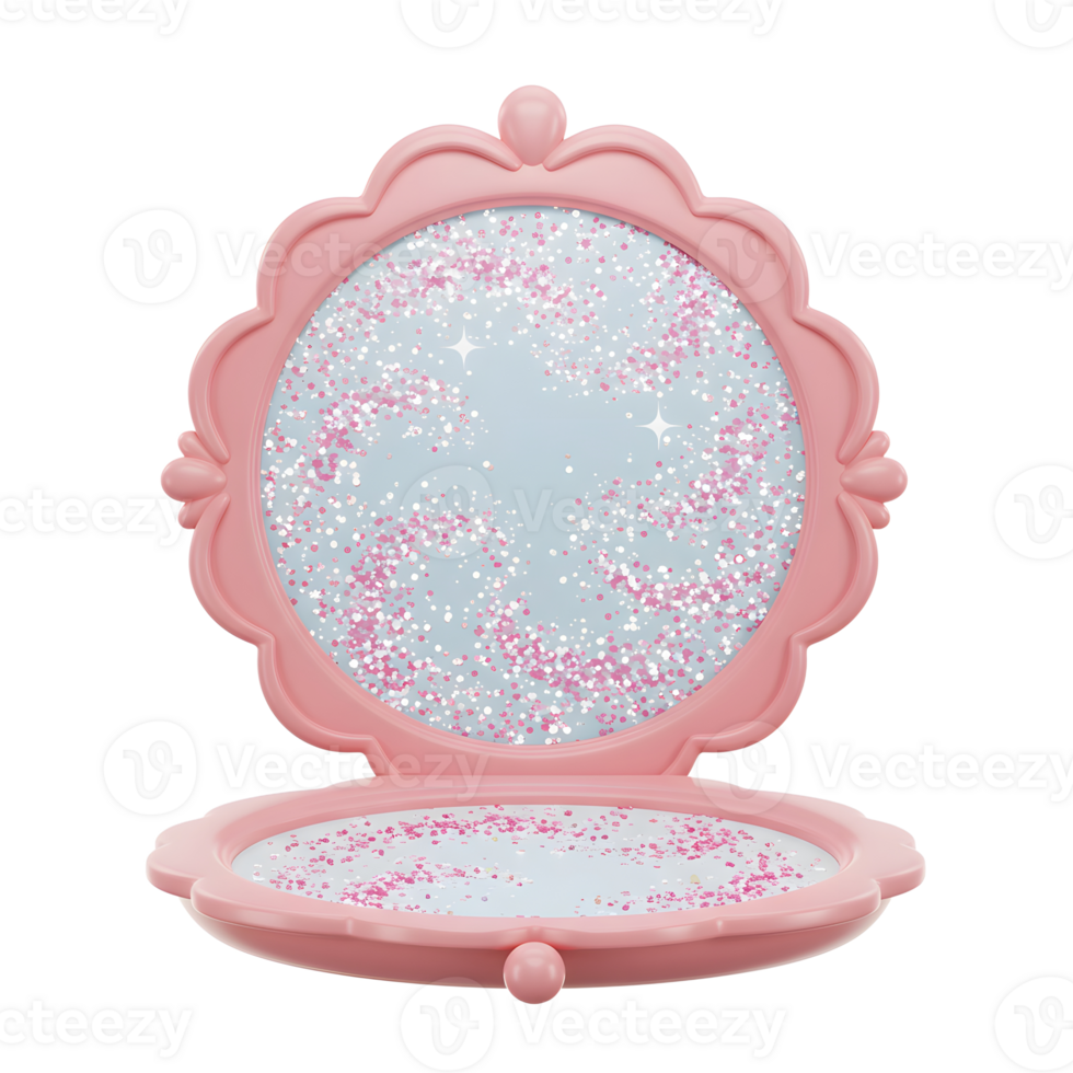 A pink scalloped mirror features scattered glitter in the reflection to create a playful and whimsical effect for decorative purposes. png