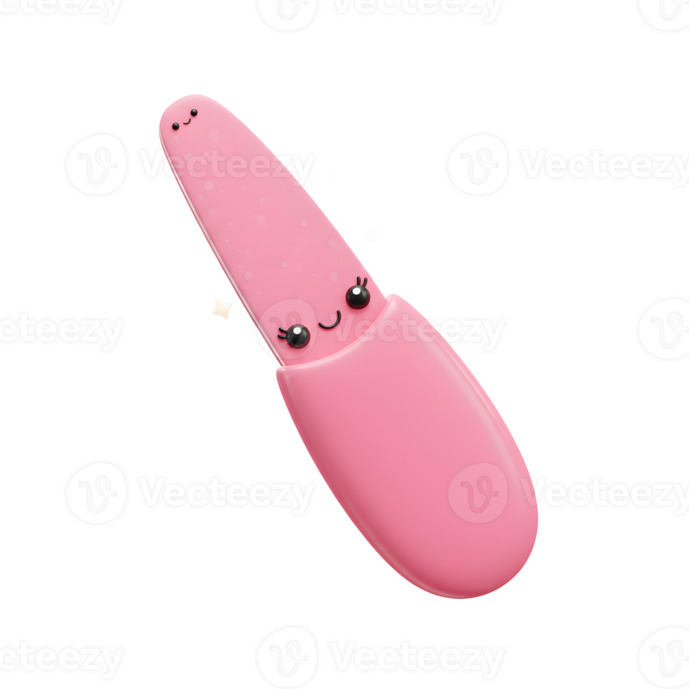 A pink nail file with a smiling face floats among tiny clouds and stars, creating a whimsical scene for manicure use. png