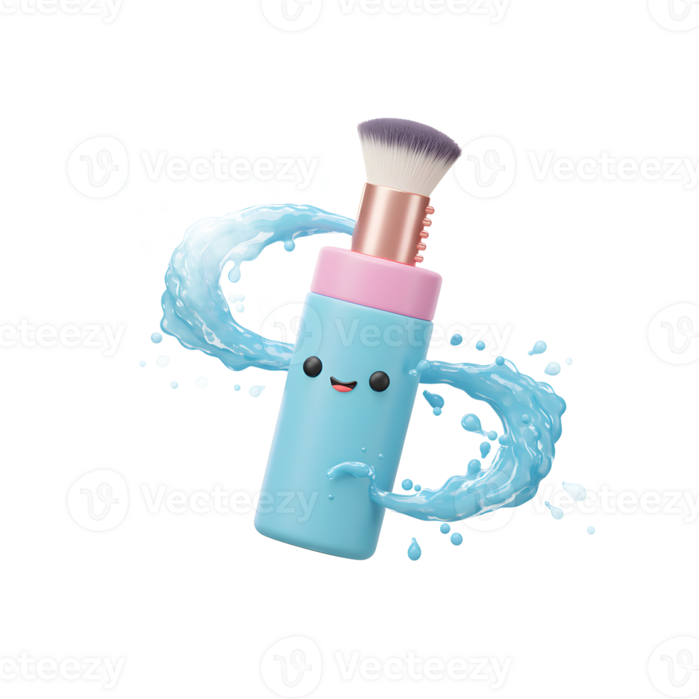 A cartoon makeup brush smiles while surrounded by a blue liquid splash, ideal for use in whimsical beauty or skincare content. png