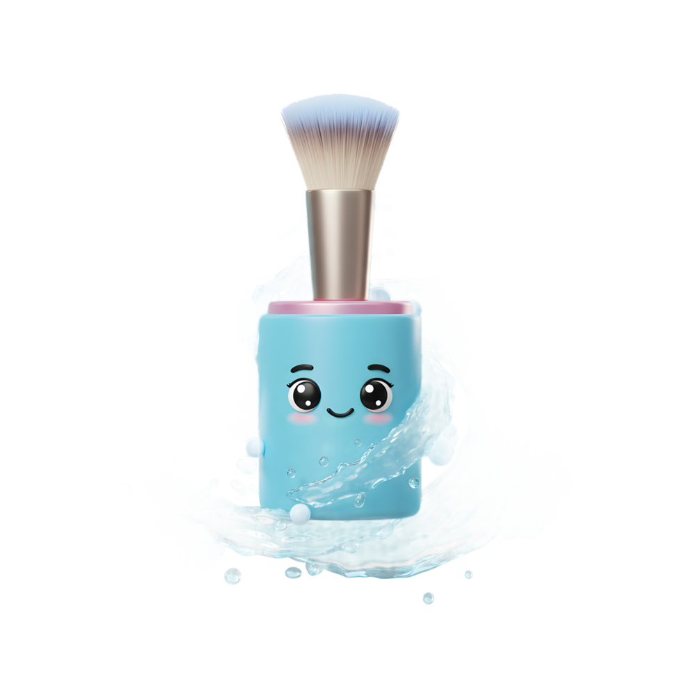 A blue makeup brush with a cute face is surrounded by a swirl of clear water and bubbles, suggesting a refreshing and cleansing use. png