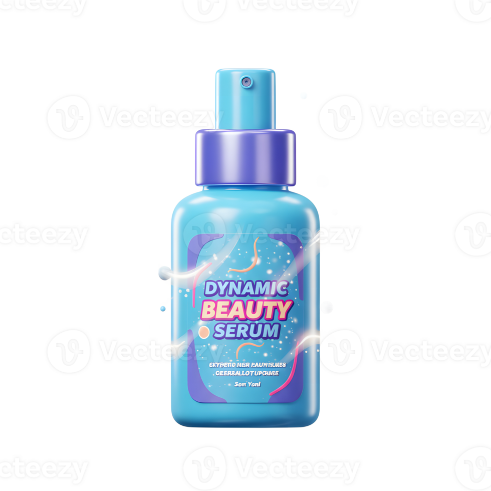A blue beauty serum bottle with a label stands out with floating stars and orbs, suitable for skin care routine visualization. png