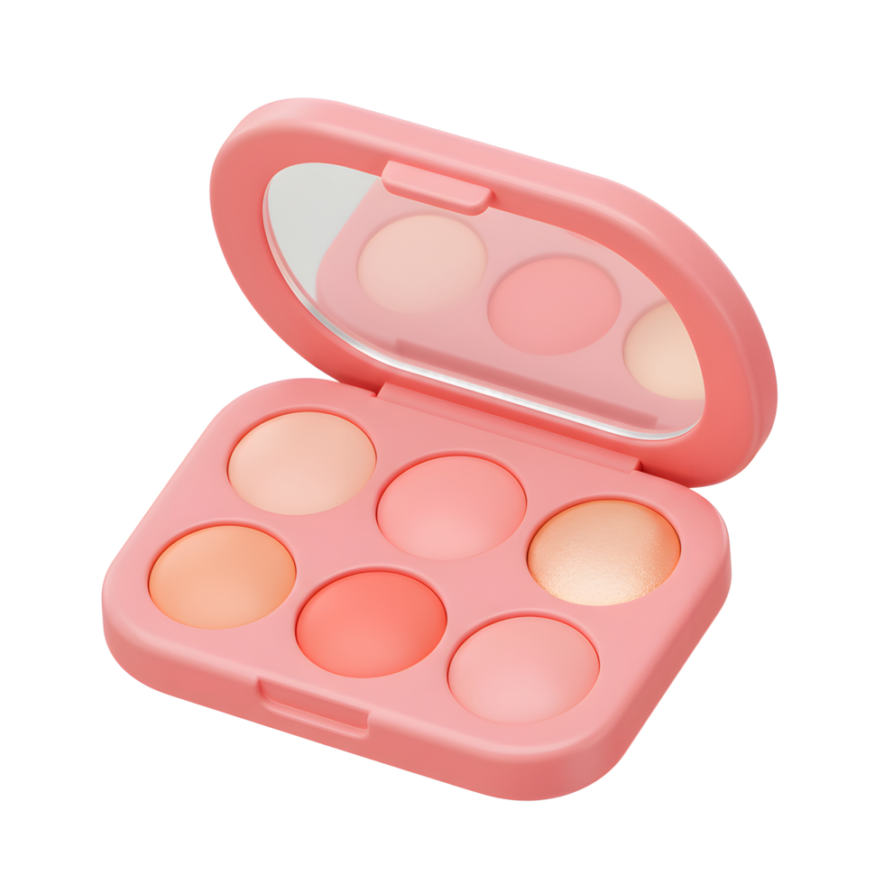 A pink makeup palette featuring six circular shades and a built-in mirror offers a versatile range of colors for creating various makeup looks. png