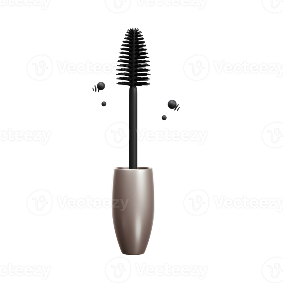 An image shows a mascara wand with black mascara drops floating nearby, which can be used for adding definition and volume to eyelashes. png