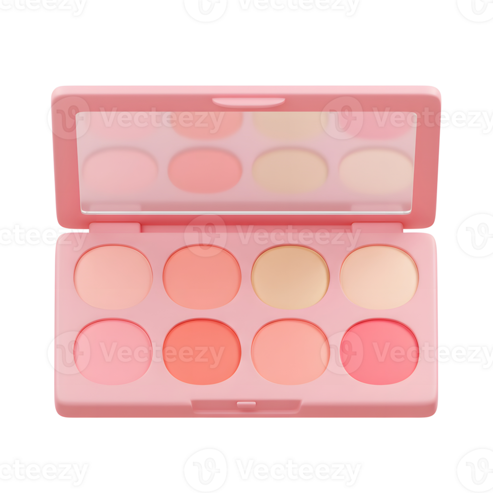 This is an open makeup palette featuring various shades of pink and beige, complete with a mirror, designed for creating a range of makeup looks. png