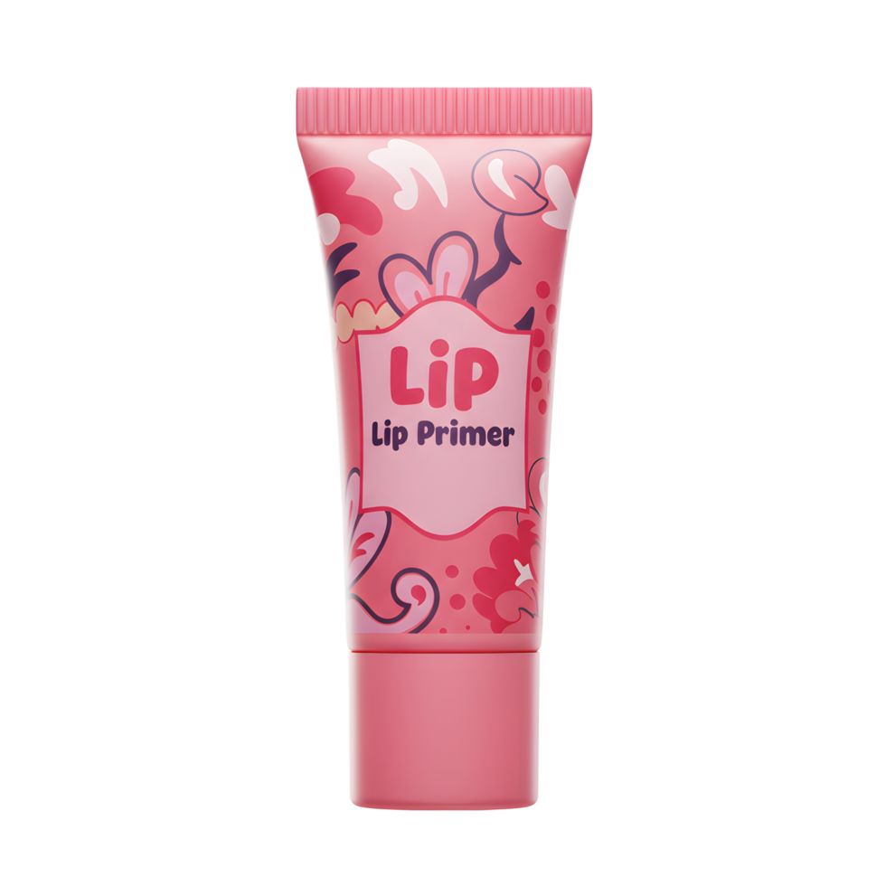 A pink lip primer tube displays a floral pattern, showcasing a beauty product for cosmetic application. png