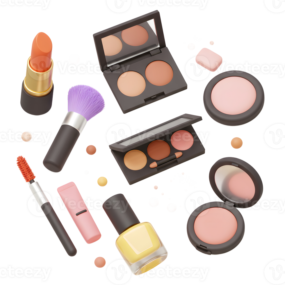 An arrangement of makeup items, including lipstick, brushes, and palettes are arranged on a white background for cosmetic applications. png