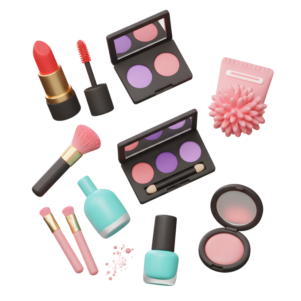 A collection of makeup items including lipstick, eyeshadow palettes, blush, nail polish, brushes and a cleanser creates a vibrant and colorful cosmetic ensemble for beauty enhancement. png