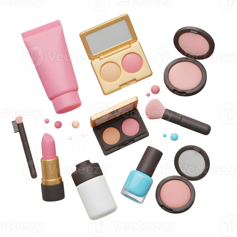 Collection of different cosmetic products are scattered on white background, including eyeshadow palette, lipstick, nail polish, blush and brush for makeup application. png