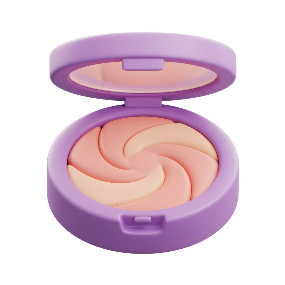 A powder blush compact features a swirl design of peach and cream tones within a lilac case, ideal for adding a touch of color and dimension to the face. png