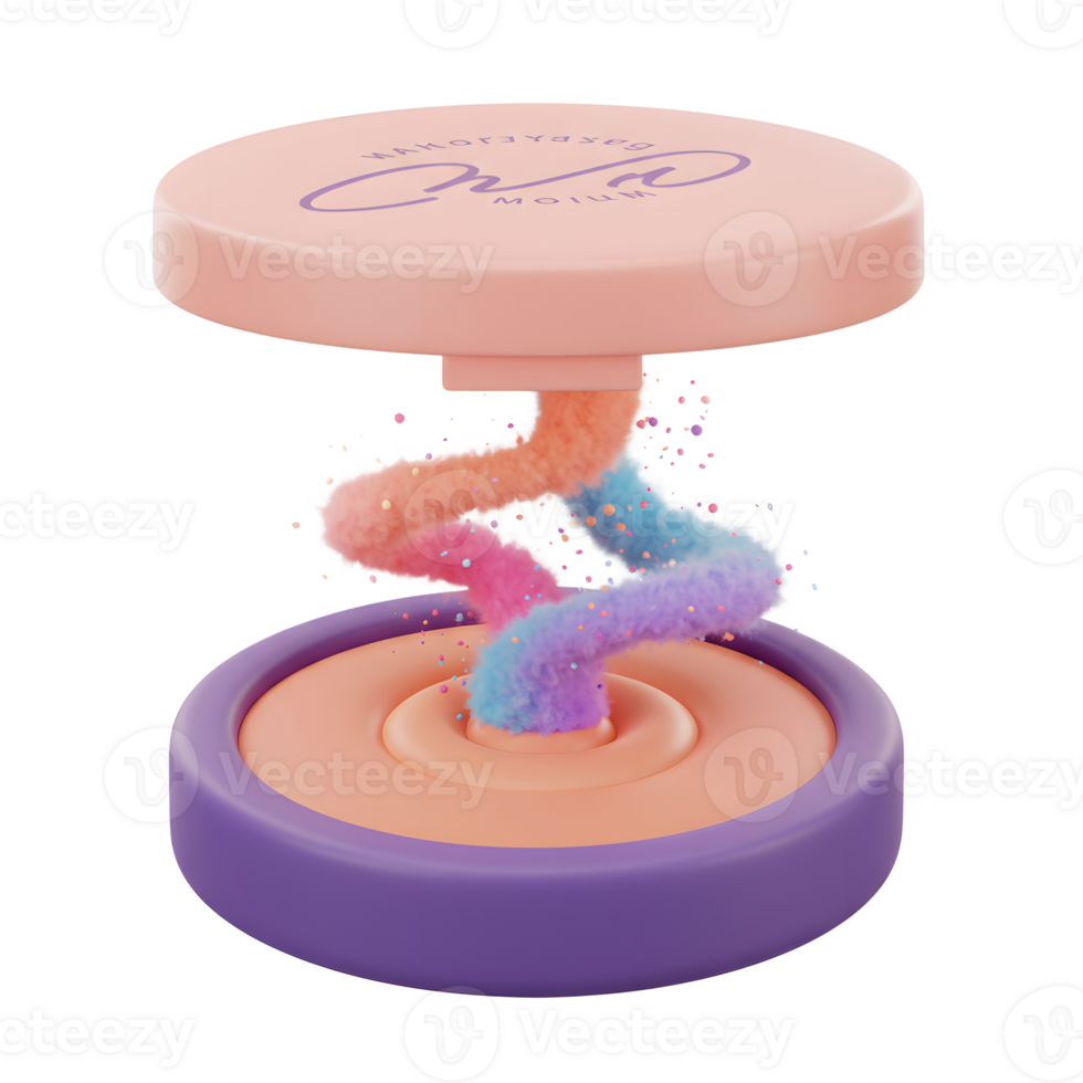 A container of powder is shown with a fuzzy, colorful spiral twisting into it, possibly for makeup or cosmetic applications. png