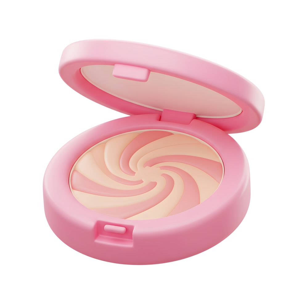 A pink powder compact case is open to reveal a swirl pattern of blush tones, and it is used to set makeup. png