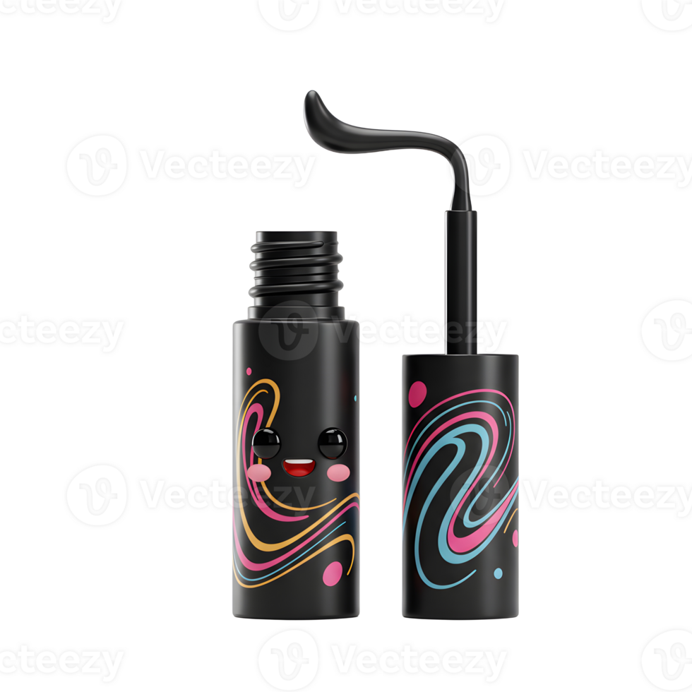 Black mascara tube with a cartoon face and colorful swirls is displayed with its applicator wand, suitable for cosmetic use. png