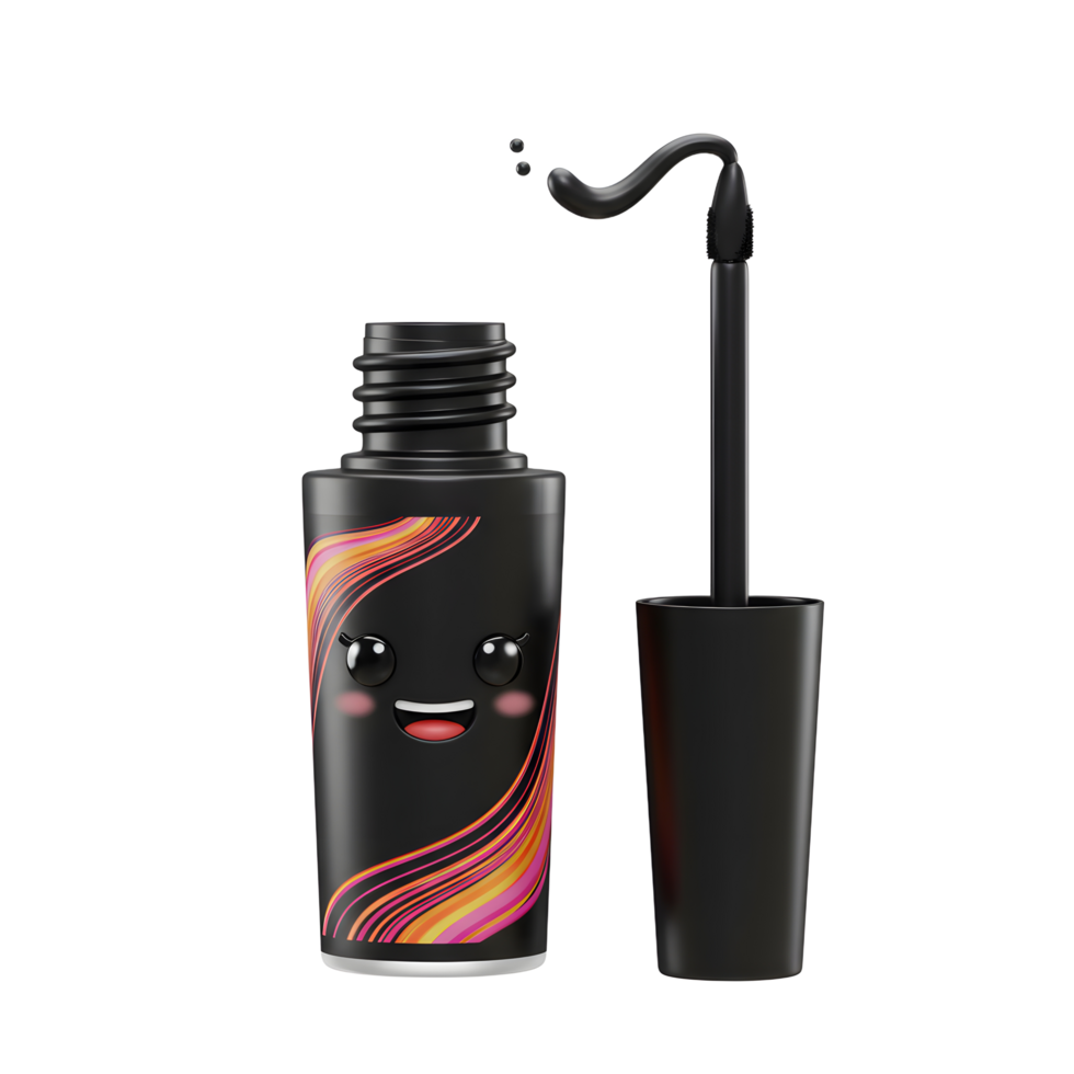 A black cartoon mascara bottle with a smiling face has an applicator and droplets falling from it for cosmetic use. png
