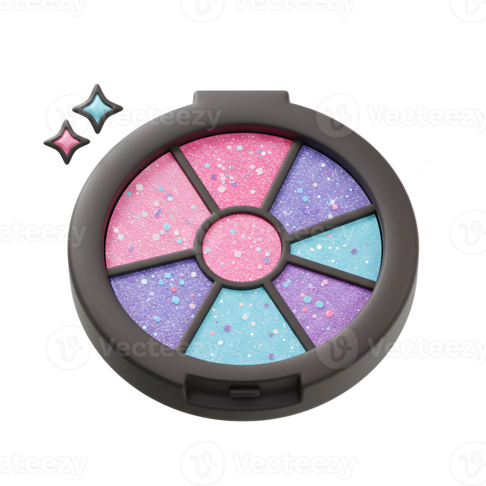 This round eye shadow palette with glitter and star accents provides a fun, colorful way to experiment with makeup. png