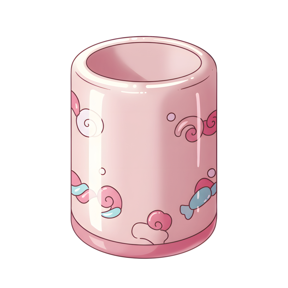 A pink cylinder is decorated with swirls, bubbles and clouds, ideal for holding office supplies. png