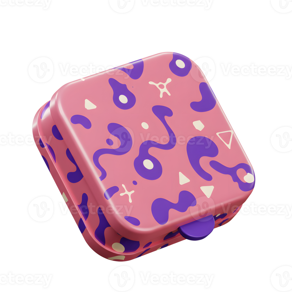 A pink square container adorned with purple and white geometric shapes is captured against a clean background, likely intended for storage. png