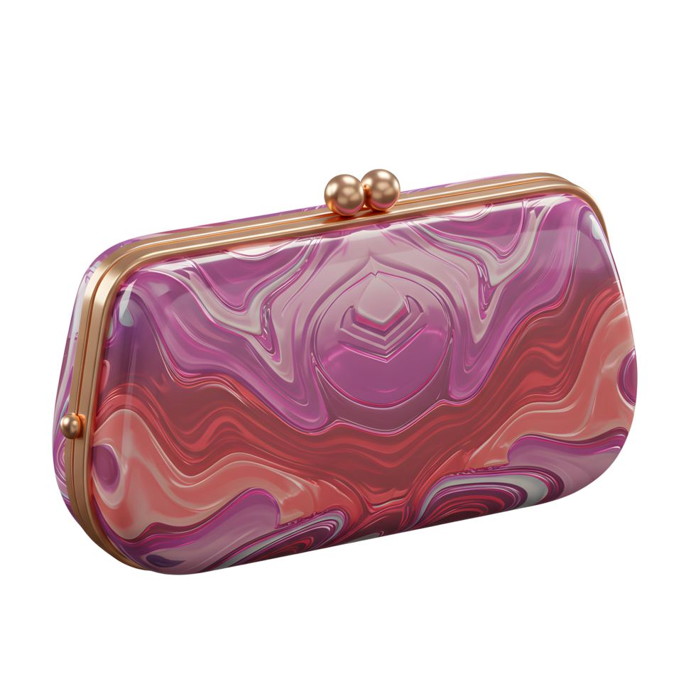 This clutch bag features a flowing abstract design and a golden frame, providing a stylish accessory for evening events. png