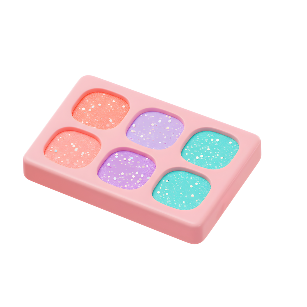 This pastel pink makeup palette contains coral, purple, and turquoise eyeshadows with glitter to create a colorful makeup look. png