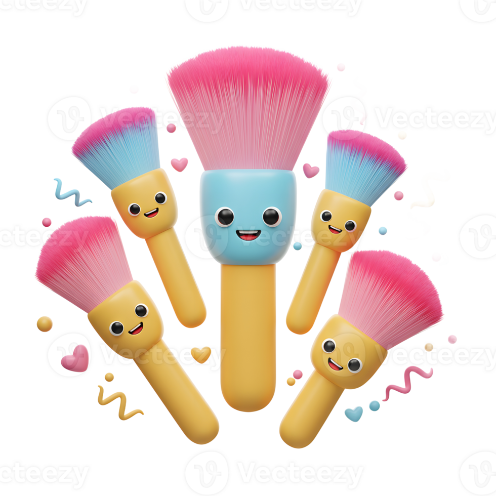 Group of cute cartoon makeup brushes with smiling faces surrounded by hearts and squiggles used for cosmetic application. png
