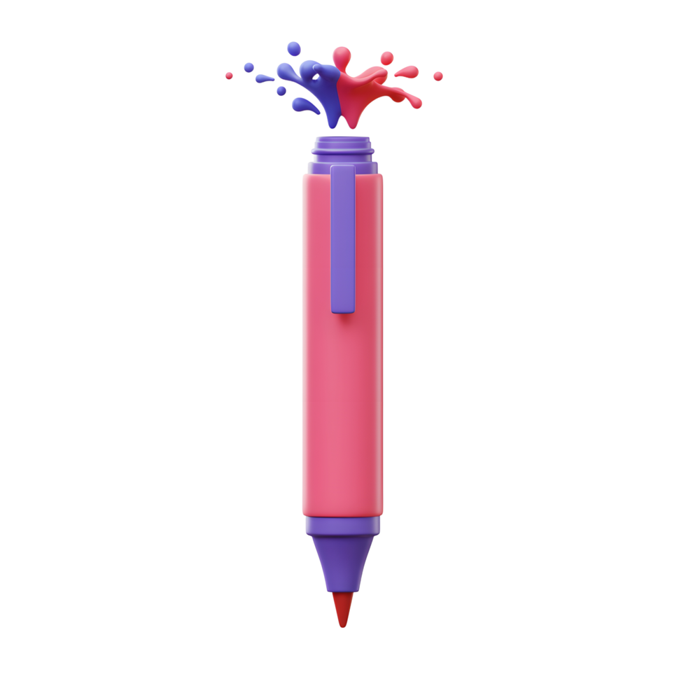 A pink marker with a purple accent features a burst of pink and blue paint from its tip, which can be used for creative projects. png