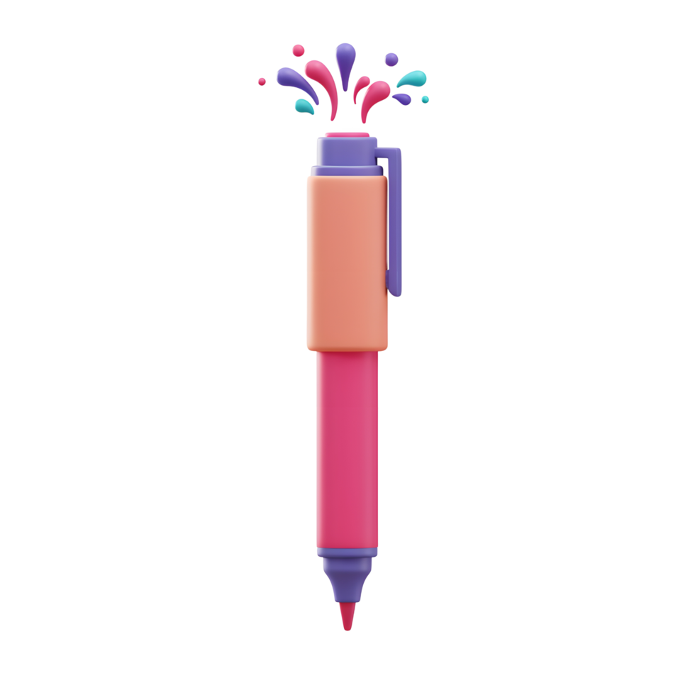 A colorful pink and peach pen is depicted with splashes of color emanating from its top, suggesting creativity and artistic expression. png