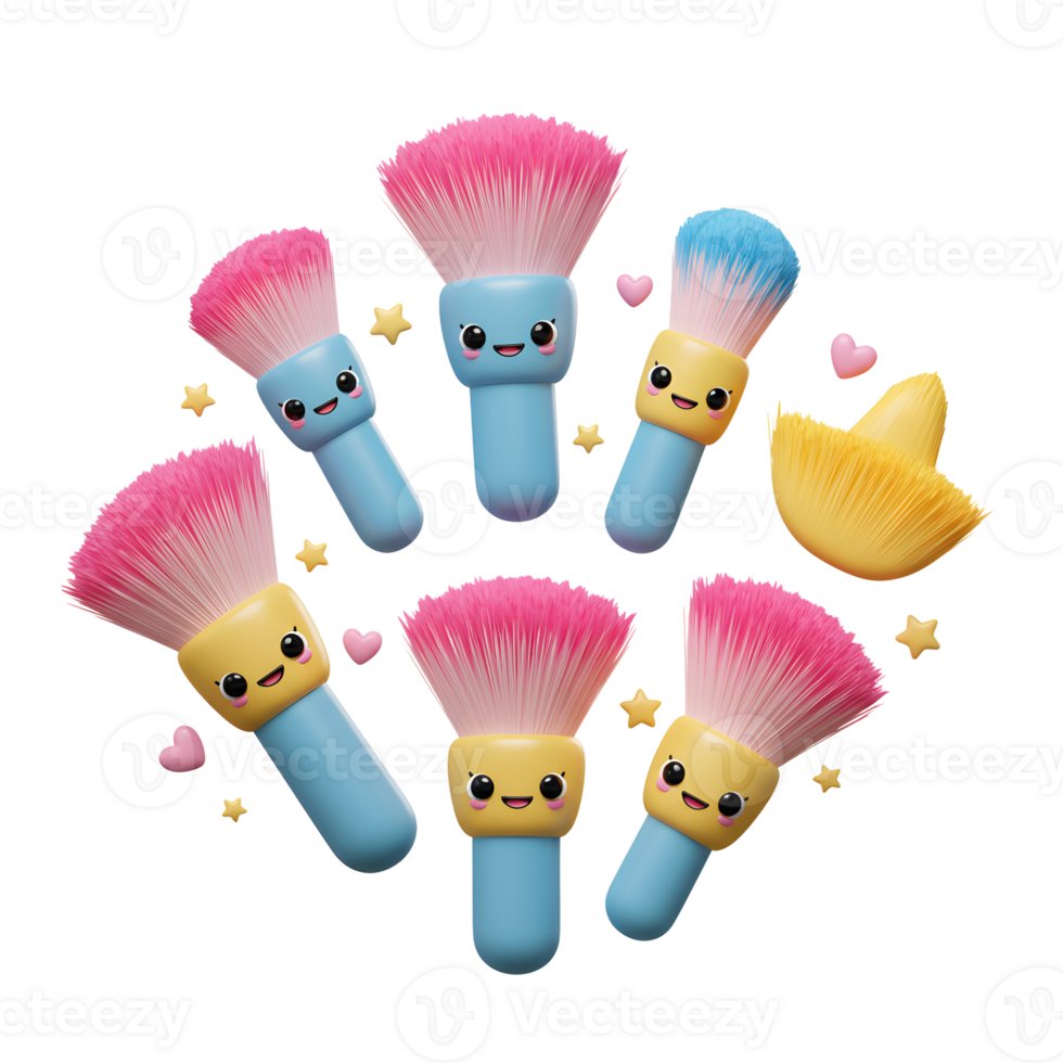 A set of cute makeup brushes with different colored bristles are arranged in a circle for cosmetic application. png