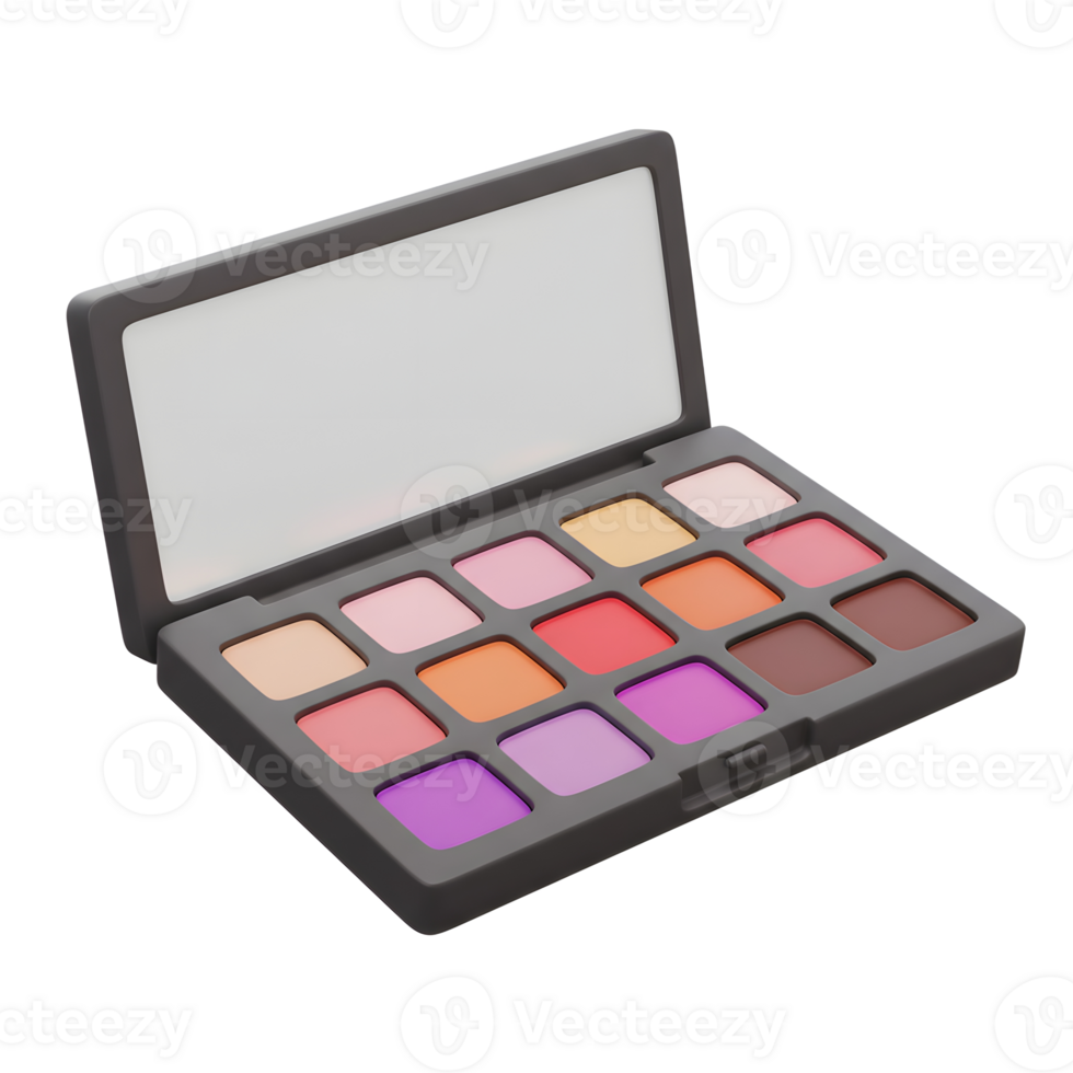 An eye shadow palette features an assortment of colors arranged in square pans, providing options for creating various makeup looks. png