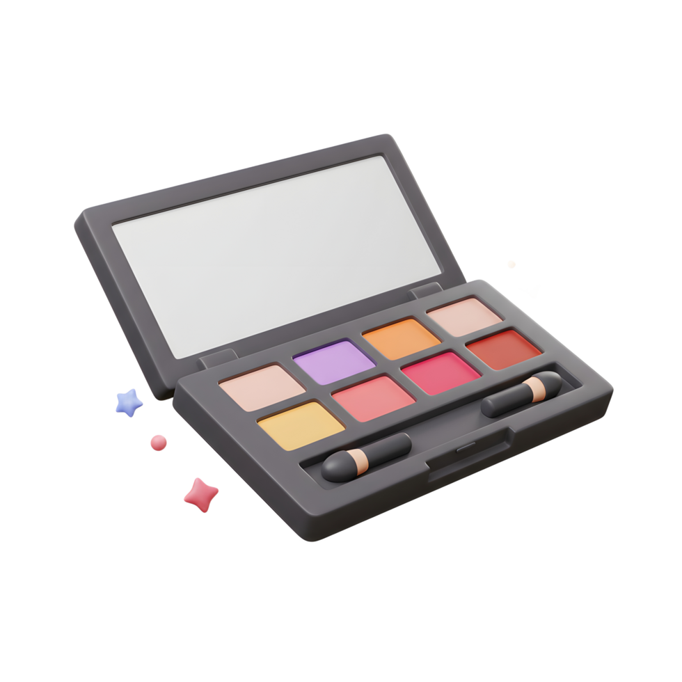 A gray eye shadow palette with a mirror, brush, and various color shades is shown for cosmetic application. png