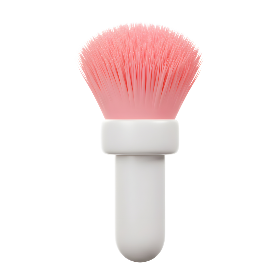 A pink makeup brush with a white handle stands vertically against a bright white background, useful for applying powders or blushes. png