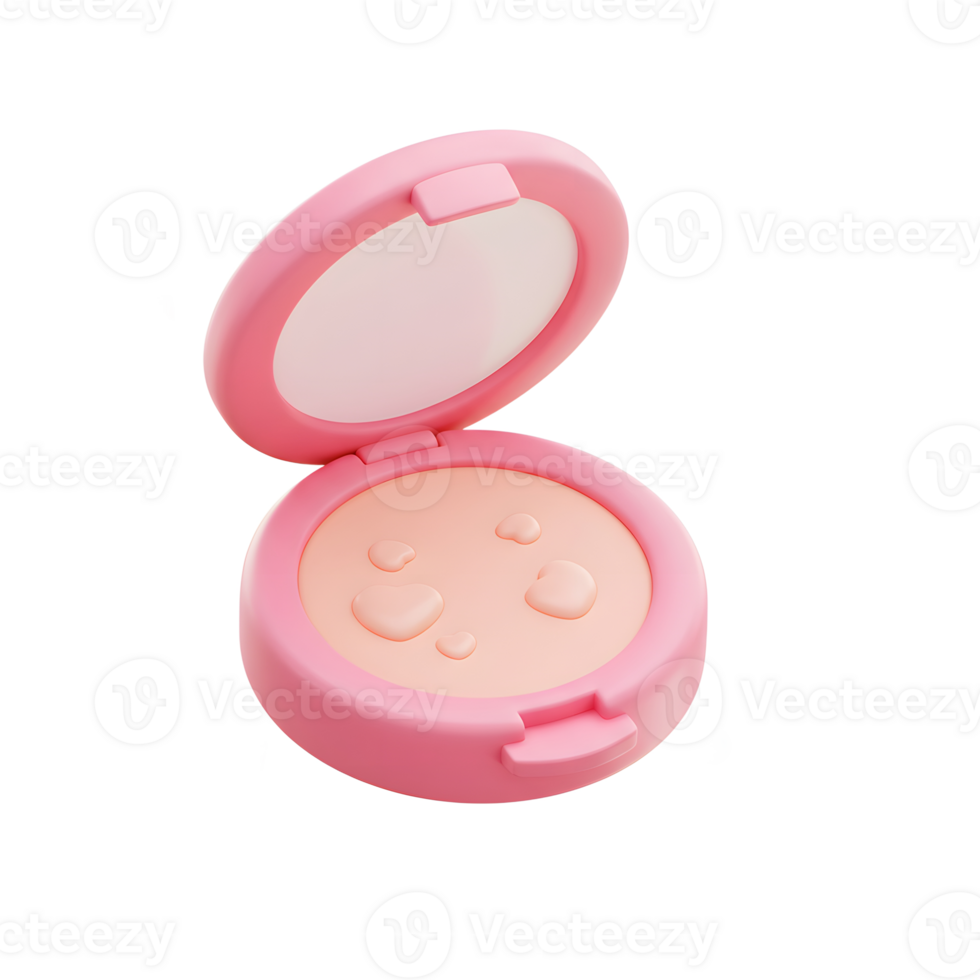 A cute pink powder compact is shown with small water droplets and decorative shapes floating around it, for cosmetic application. png
