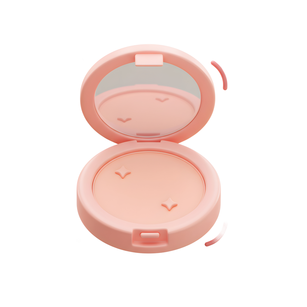 A pink compact with a mirror is open, displaying the inside along with star shapes and decorative elements around it, used for applying and carrying face powder. png