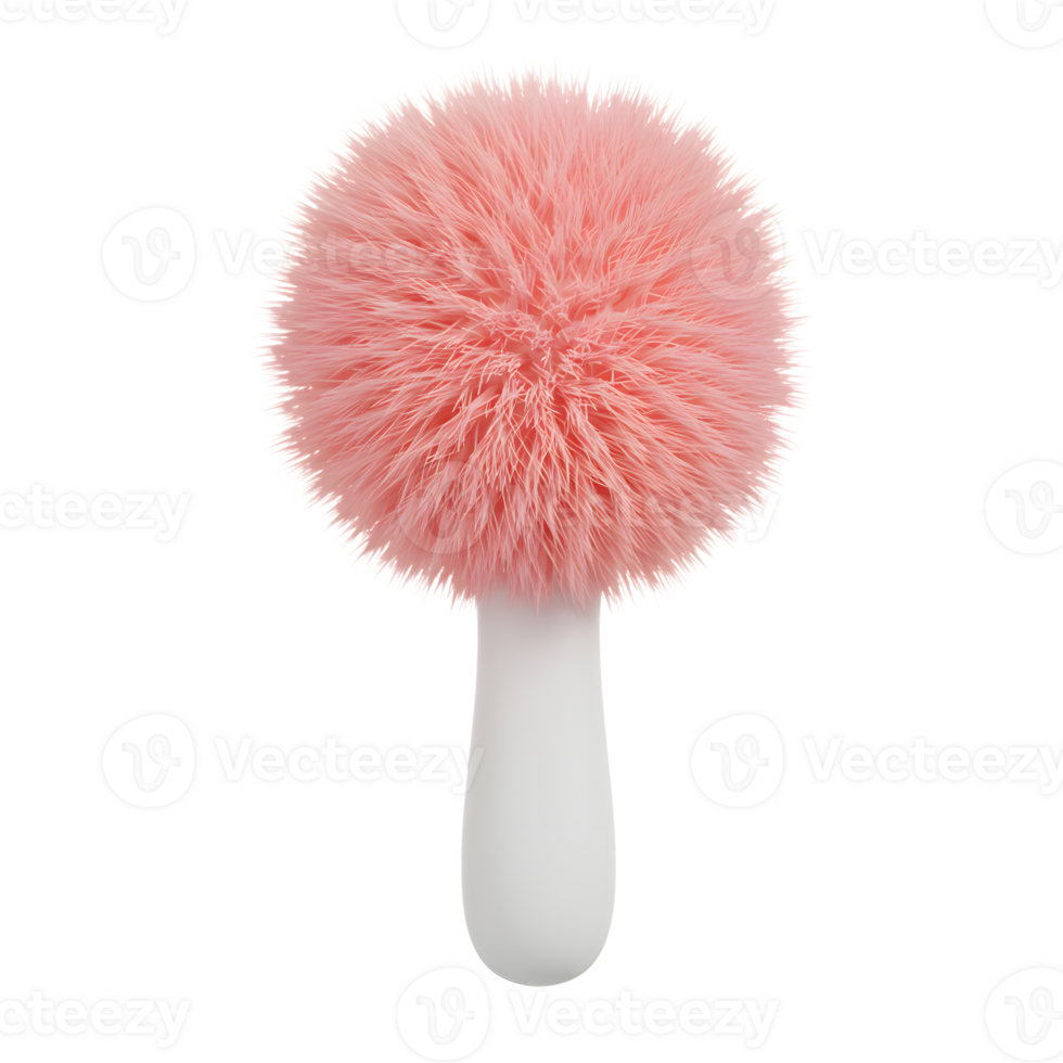 A soft pink fluffy brush is displayed with a smooth white handle, often utilized for applying powder. png