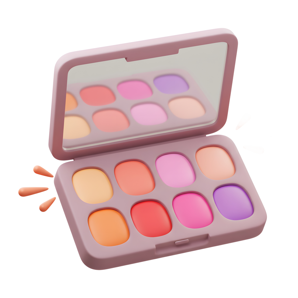 Open eyeshadow palette shows a mirror and several bright colorful makeup shades that are perfect for creating eye looks. png