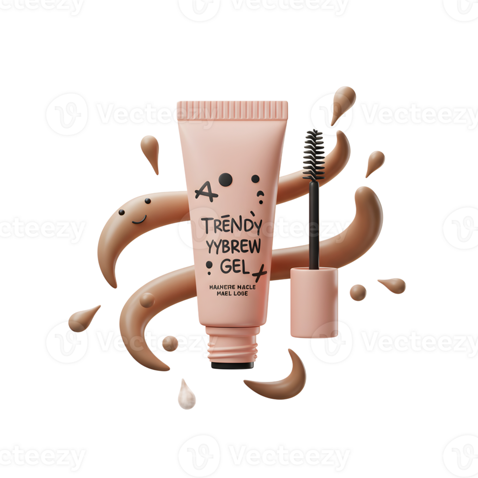 A tube of eyebrow gel is displayed with its applicator brush and gel accents, demonstrating the product for brow enhancement. png