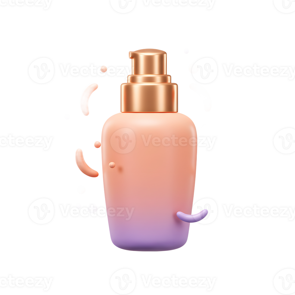 A cosmetic bottle with a golden pump sits surrounded by peach and lavender droplets, suggesting its potential usage for beauty products. png