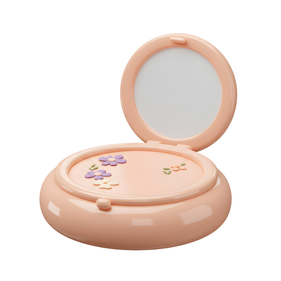 A round, pink compact mirror is decorated with small flower accents, with the mirror open and reflecting light, making it suitable for makeup application or quick touch-ups. png