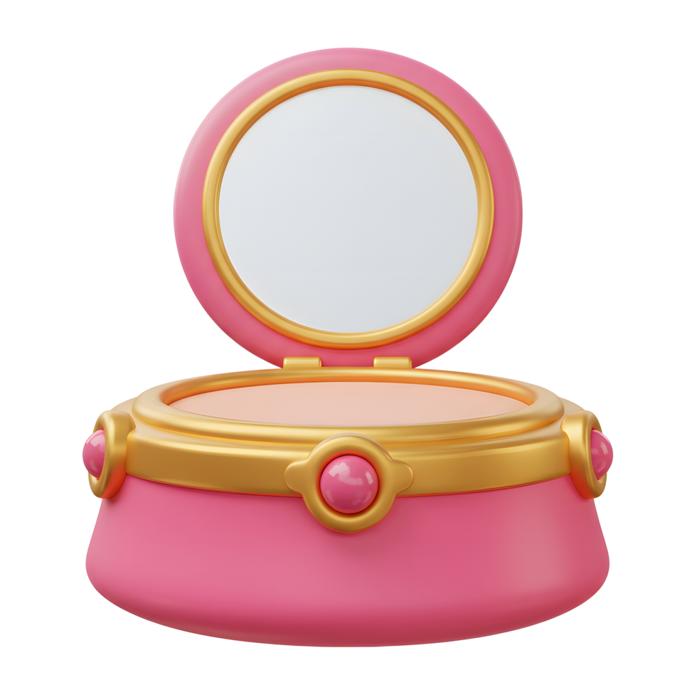 A pink and gold compact with an open mirror is displayed, offering convenience for applying makeup anytime. png