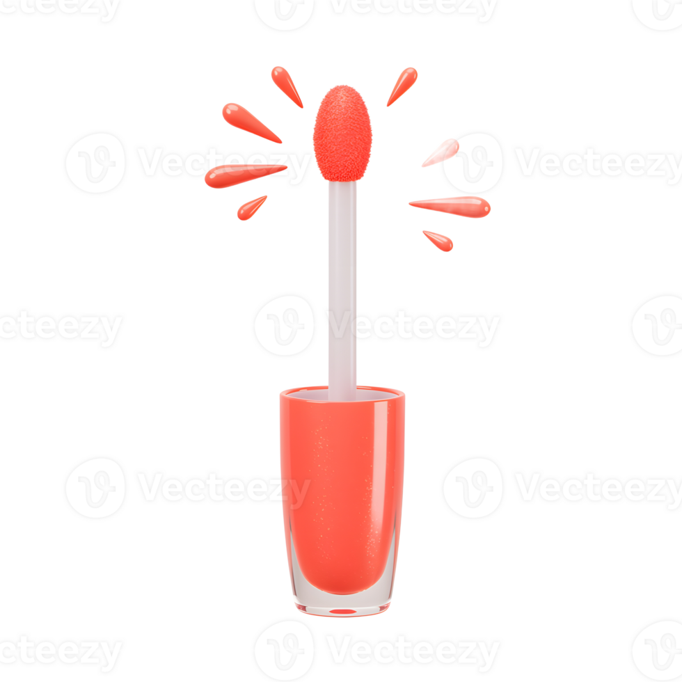 This image shows a coral lip gloss with a wand applicator and small liquid droplets surrounding it, often used for makeup application. png