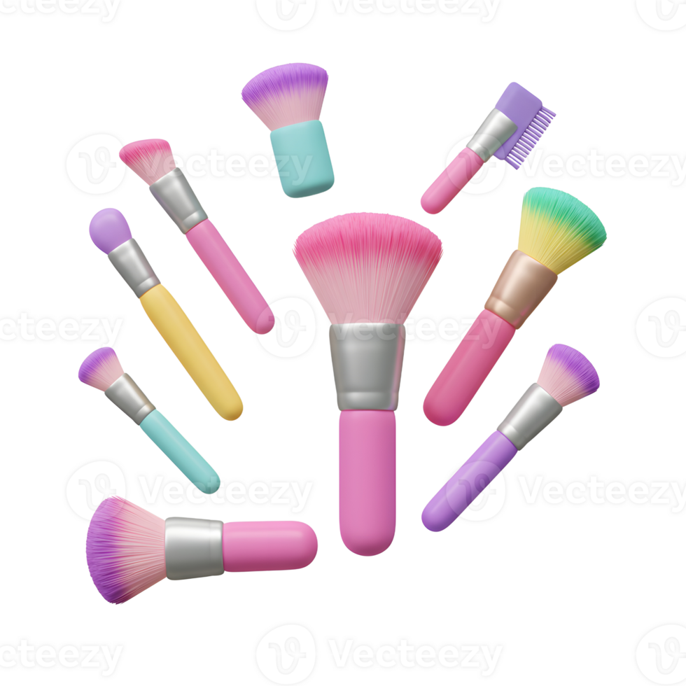 A group of colorful makeup brushes are scattered across a white background to be used for cosmetic application. png