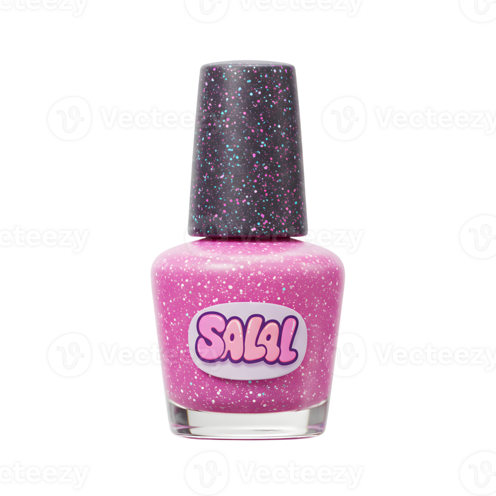Close-up shot of a pink nail polish bottle featuring multi-colored speckles and a dark speckled cap, typically used for cosmetic purposes. png