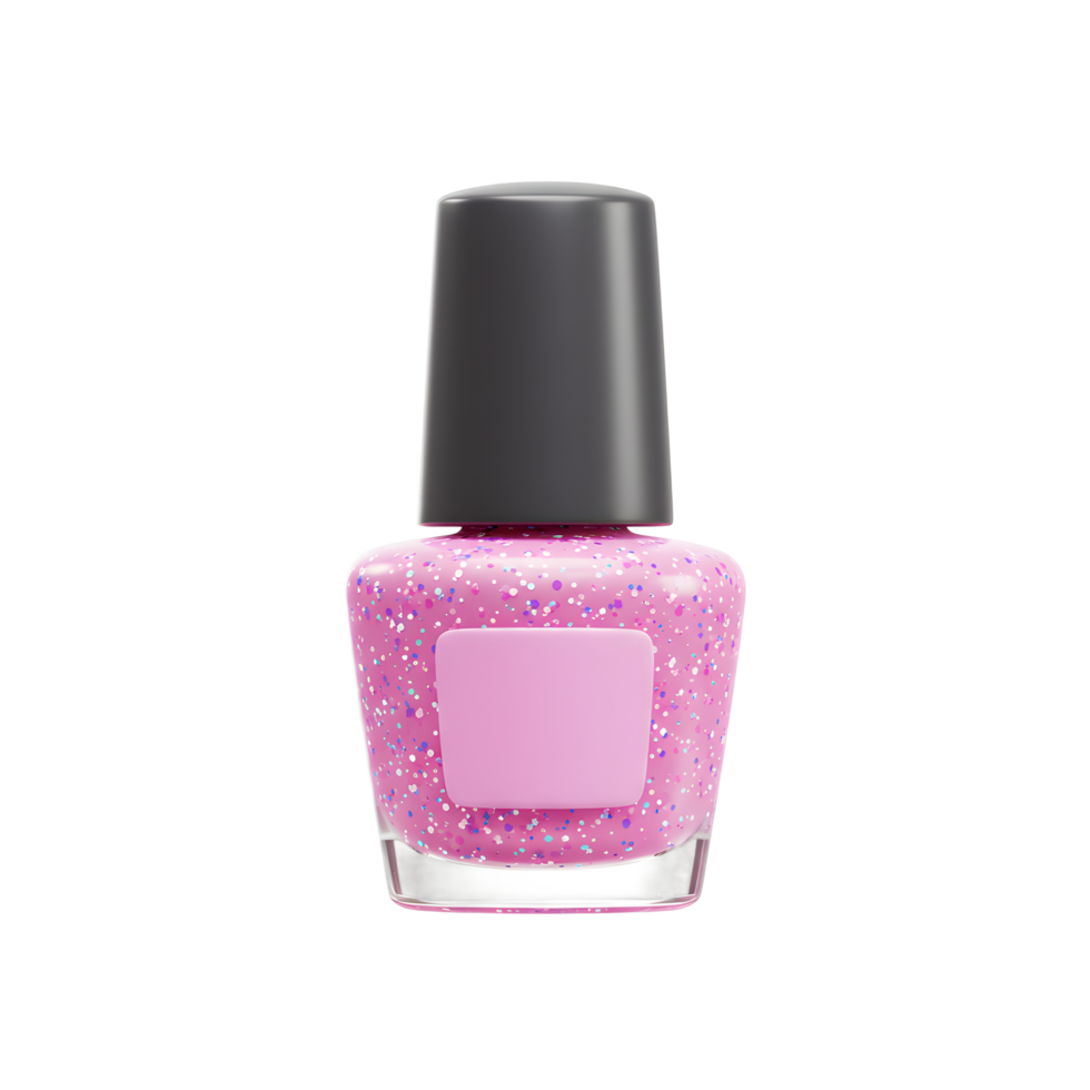 A bottle of glittery pink nail polish with a gray cap is shown in a clean, well-lit setting and can be used for cosmetic purposes. png